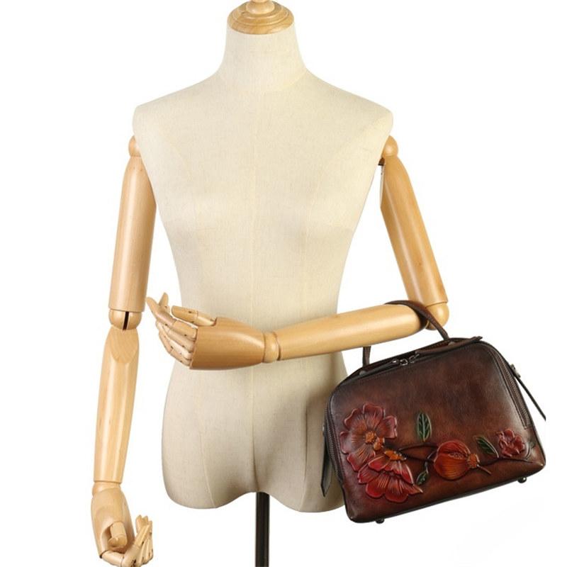 Genuine Leather Women Bag Flower Totem Embossing Ladies Handbags Vintage Design Shoulder Bags Fashion Crossbody Bag