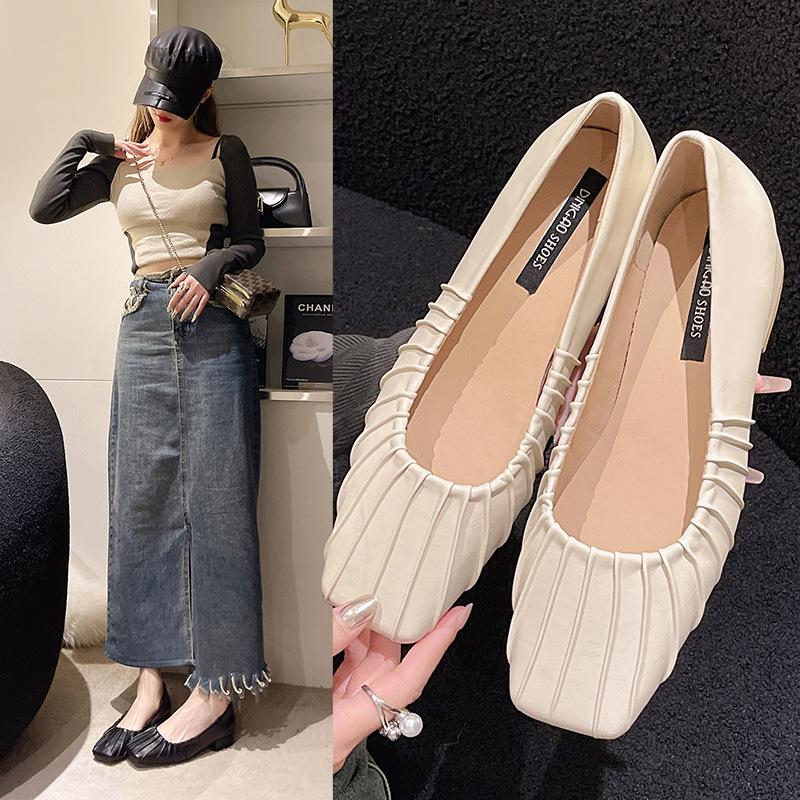 Fashion Retro Design Pleated Single Shoes 2024 New Square Headed Mary Jane Simple Women's Shoes Daily Commuting Zapatillas De Deporte