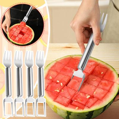 Фруктовая вилка из нержавеющей стали с двумя головками для нарезки арбуза, фруктовая вилка, многофункциональная, 4 предмета