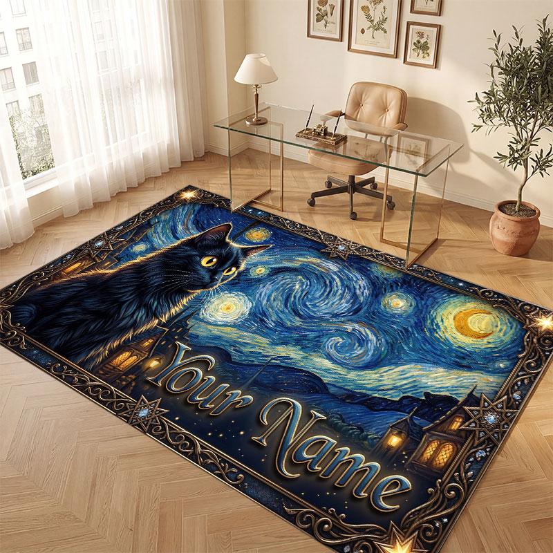 Cat Theme Crystal Velvet Floor Rug Personalized Custom Name Text Warm Carpet Home Decoration