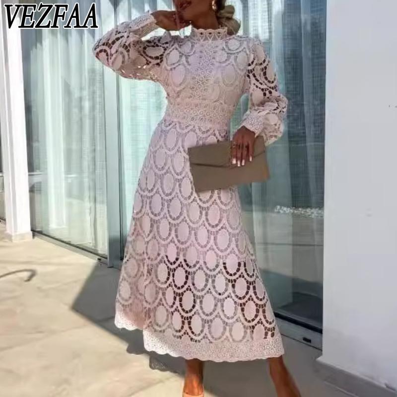 VEZFAA Women's Fashion Spring Fall Solid Color Print Long Sleeve Half Turtleneck High Waist Casual Dresses