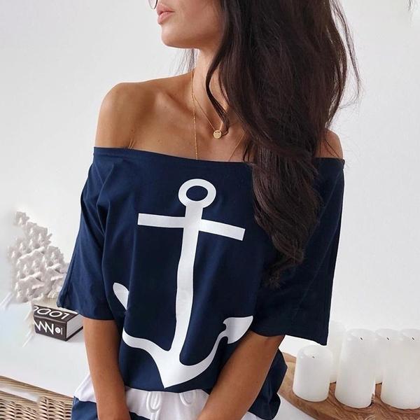 Модные женские туфли с рисунком якоря, футболка с открытыми плечами и полосатая макси-юбка, комплекты из двух частей, платье больших размеров