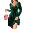 Женское бархатное платье на весну и осень, черное, красное, зеленое, с длинным рукавом и v-образным вырезом, тонкие мини-платья трапециевидной формы