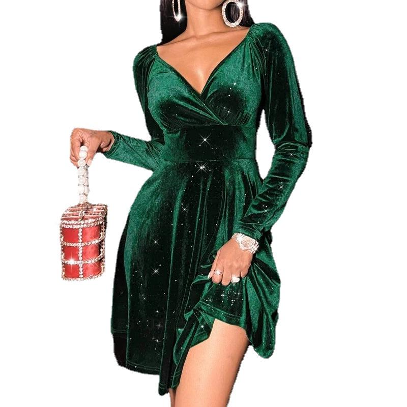 Женское бархатное платье на весну и осень, черное, красное, зеленое, с длинным рукавом и v-образным вырезом, тонкие мини-платья трапециевидной формы