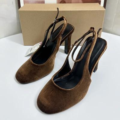 Модные ретро коричневые замшевые летние женские сандалии на массивном каблуке, элегантные слинги с круглым носком и ремешком на щиколотке, большие размеры, брендовая обувь для офисной леди