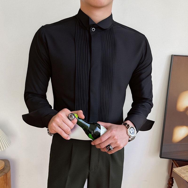 Мужская белая сорочка-смокинг без глажки с воротником-стойкой - Премиальная одежда для жениха, устойчивая к сминанию