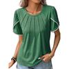 Summer Women's Round Neck Solid Colour Pressed Pleated Short Sleeve Lace Casual T-Shirt Shirt