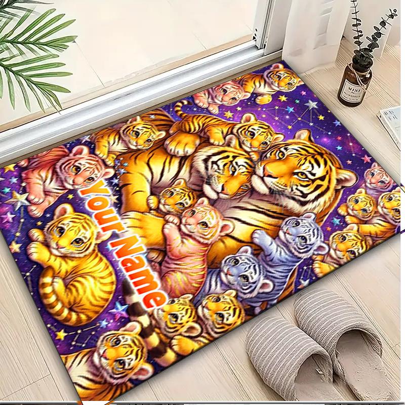1PC Custom Name Tiger Family Space Theme Floor Mat Ideal for Living Room, Game Rooms, Office, Bedroom,Floor Mat Playful Design