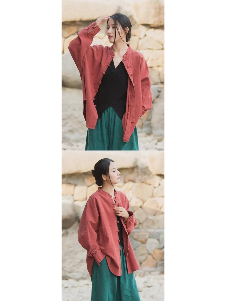 Женская куртка в китайском стиле на пуговицах 2023 года: Кардиган Zen Art средней длины