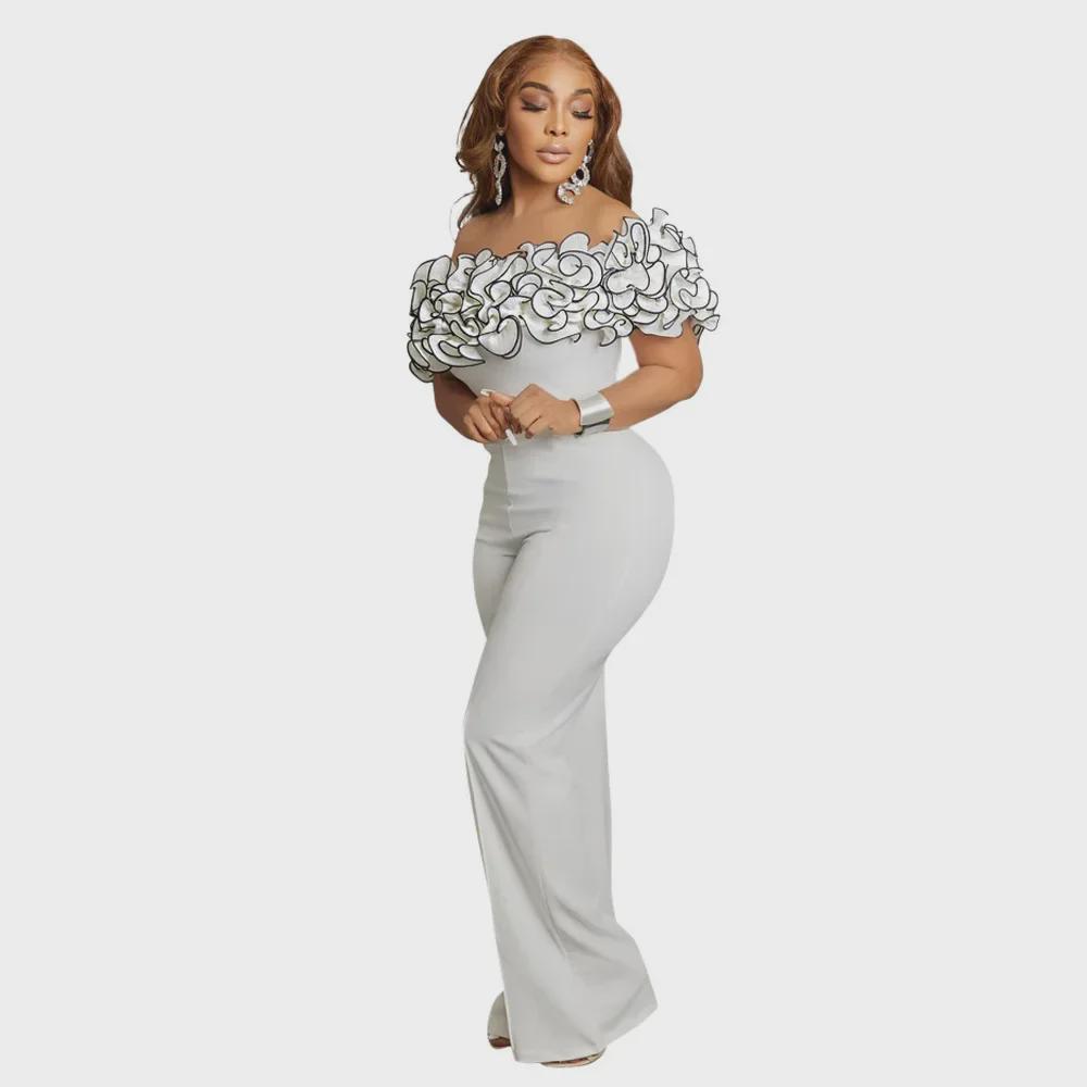 C8593 Женский 2024 г. однотонный сексуальный африканский комбинезон с открытыми плечами и оборками на высокой талии