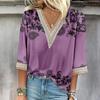 Женская рубашка, блузка, повседневные свободные рубашки, рукава 3/4, кружевные топы с v-образным вырезом и принтом, топы с принтом, футболки, футболки