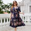 Women’s Summer Floral Print Dress V-neck High Waist Short Ruffled Flared Sleeve Dress Beach Vacation Party Dress Breathable Light Weight Long Dress