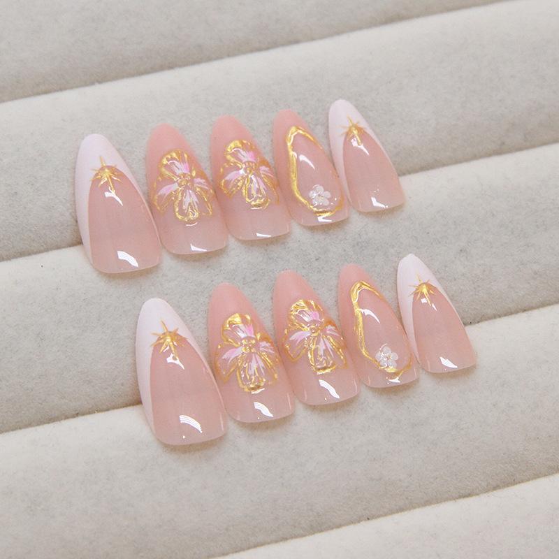 Simple Nail Patch Removable Nail French False Nail Three-dimensional Flower Wearing Nail Nail Patch Diamond 24 pieces