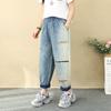 Большие размеры Летние женские шаровары 2025 года с вышивкой Джинсы повседневные с высокой талией Эластичные Базовые однотонные свободные брюки