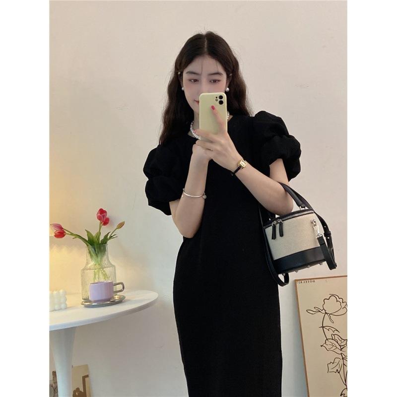 Puff Sleeve Dress for Women with Slightly Fat MM Large Size Summer New Style Waist-hugging and Slimming French Niche Design Long Skirt
