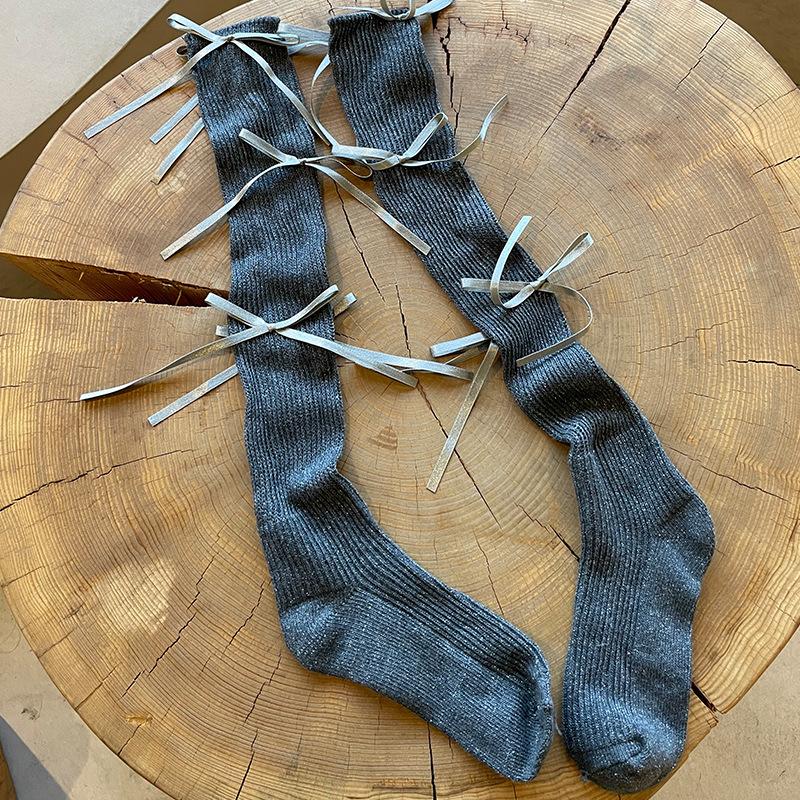 Balletcore Ribbon Tie-Up Ribbed Socks, Sparkly Lurex Knee High Slouch Socks with Bow Detail for Women Girls Y2K Lolita Fashion