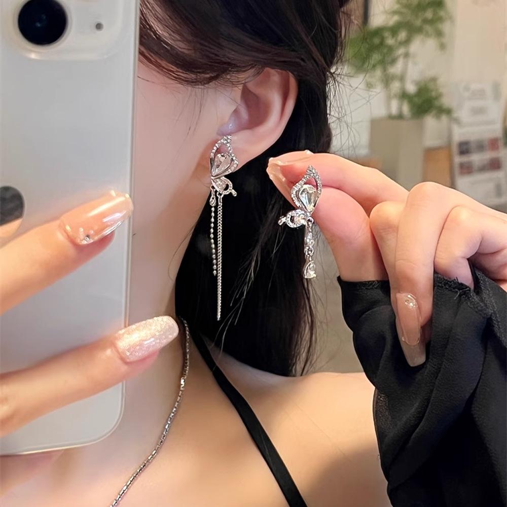 Silver Needle Diamond Asymmetrical Butterfly Tassel Earrings Korean Niche Temperament Earrings Exquisite Design Earrings Women