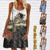 Женское мини-платье с цветочным принтом и двумя котятами, вечернее платье без рукавов, летнее пляжное платье, сарафан