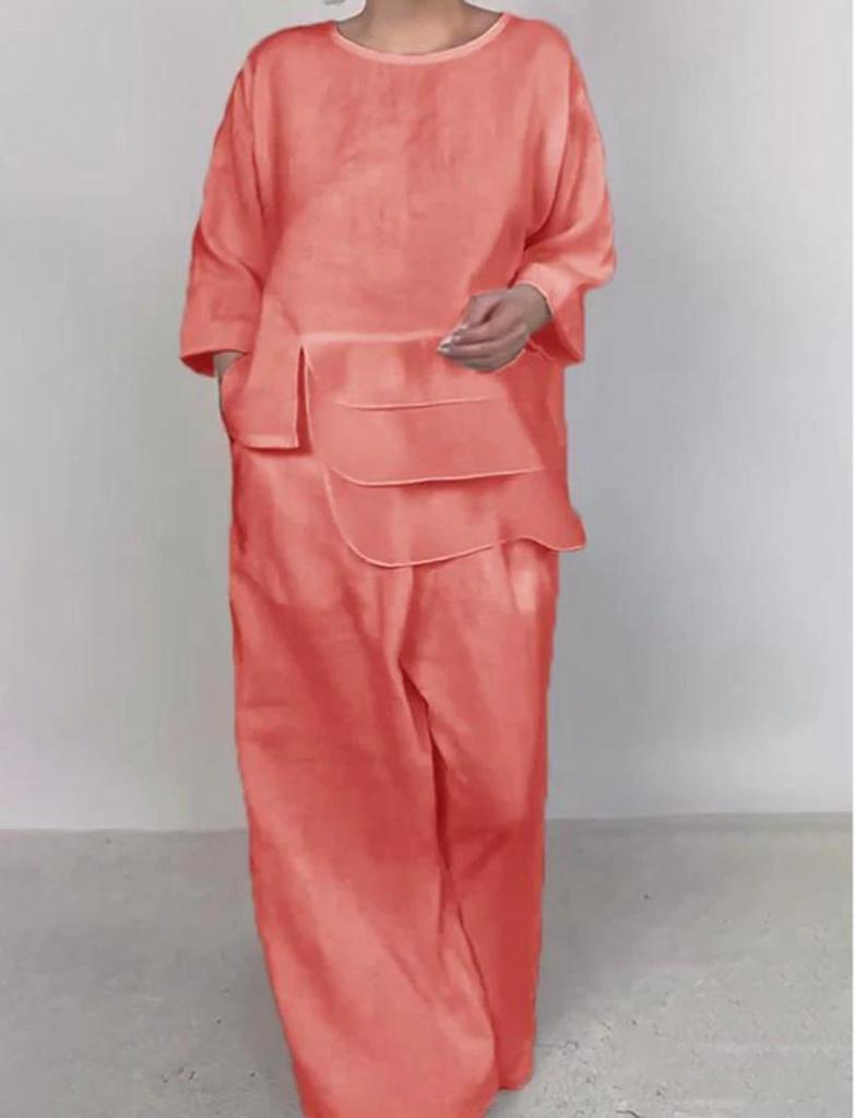 Летний европейско-американский однотонный комплект женской моды с карманом и круглым вырезом