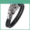 Genuine Double Punk Leather Layer Bracelet Men Silver Color Wolf Head Bangles Fashion Jewelry Gift