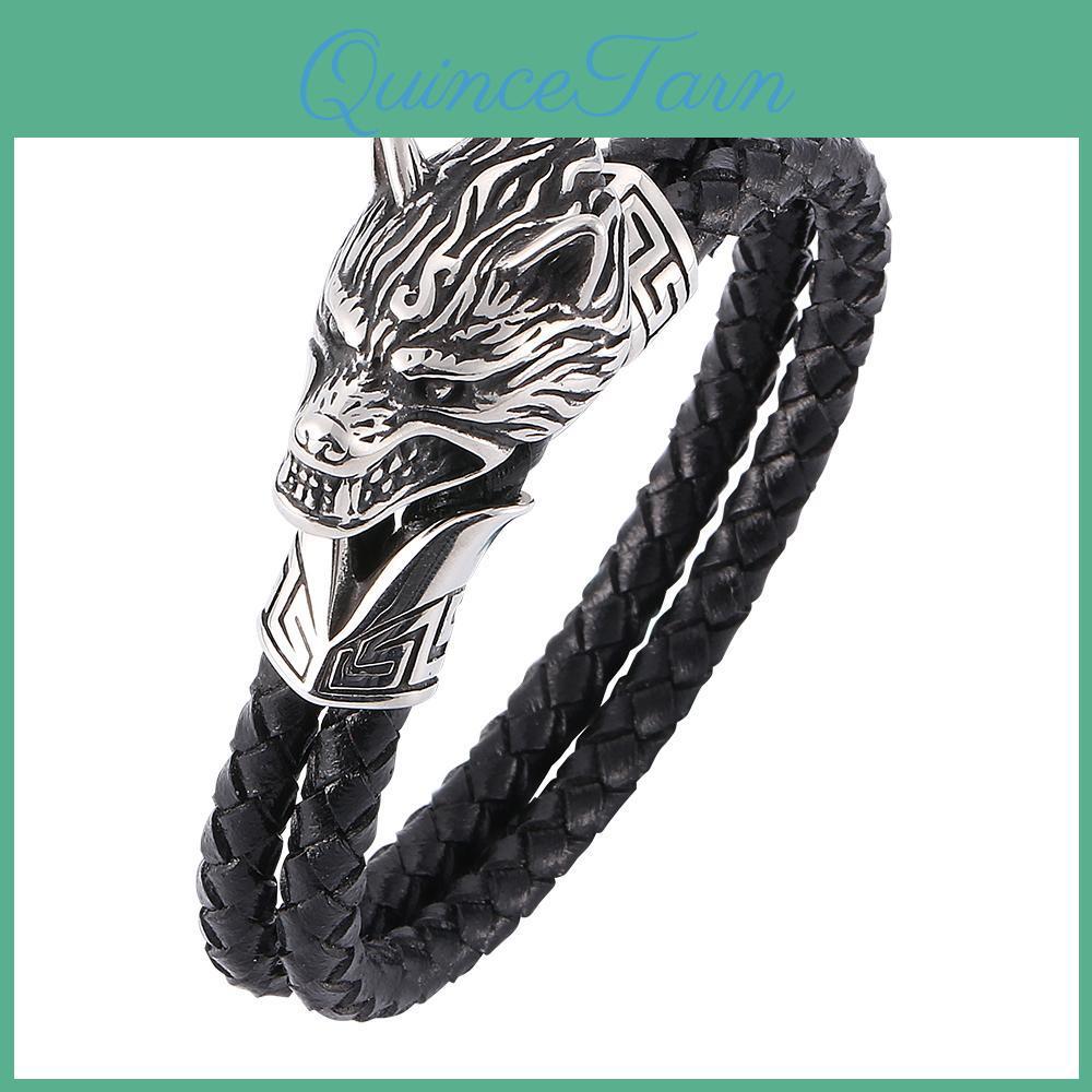Genuine Double Punk Leather Layer Bracelet Men Silver Color Wolf Head Bangles Fashion Jewelry Gift