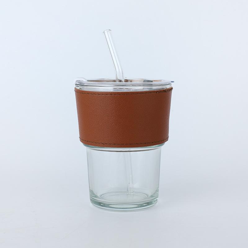 Vertical Pattern Bamboo Cup Glass Transparent Household Striped Water Cup Office Straw Cup with Lid Ins Style Coffee Cup