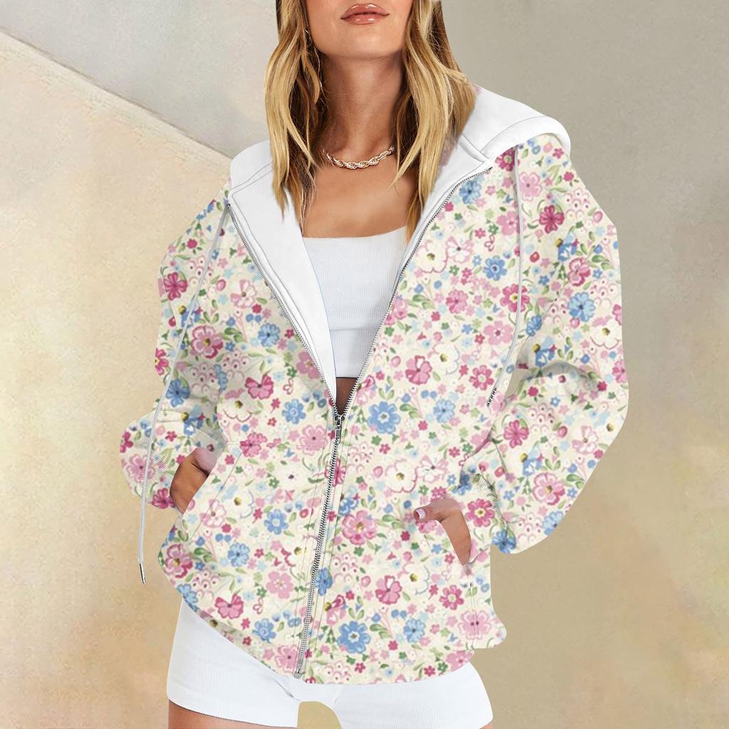 Женская мода повседневная спортивная одежда с цветочным принтом на осень и зиму с длинными рукавами и карманами, куртка-кардиган с капюшоном на молнии, куртка