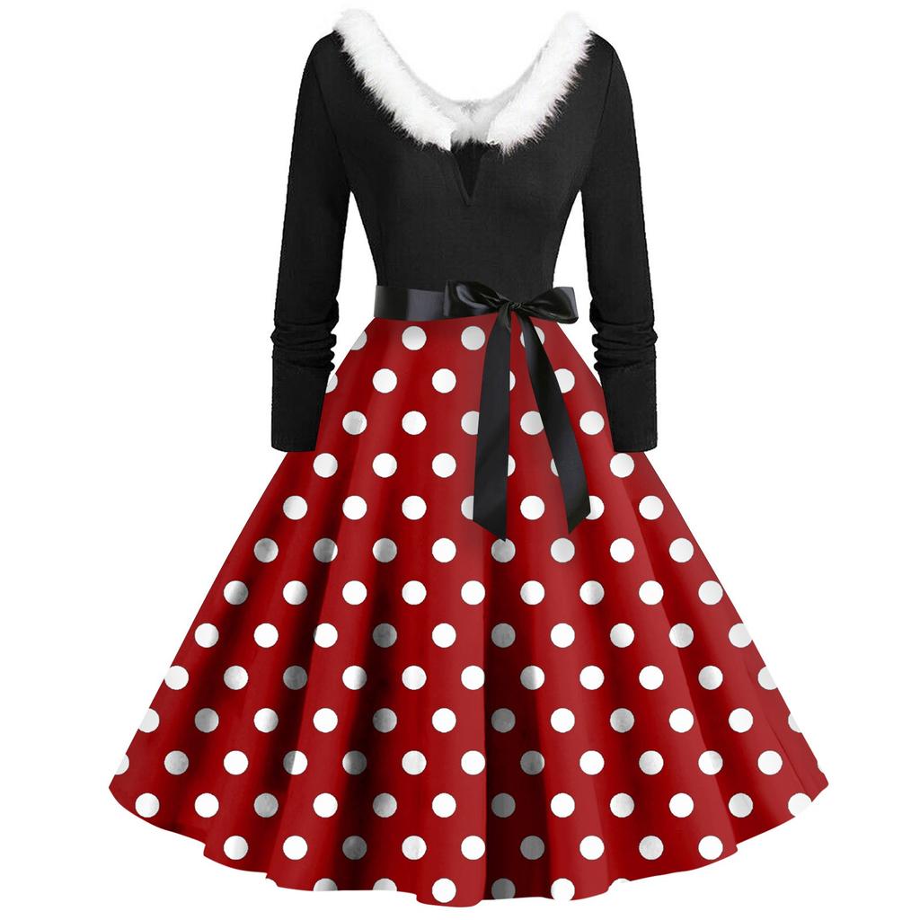 Women's Casual And Fashionable Long Sleeved V-neck Polka Dot Print Matching Zipper Dress