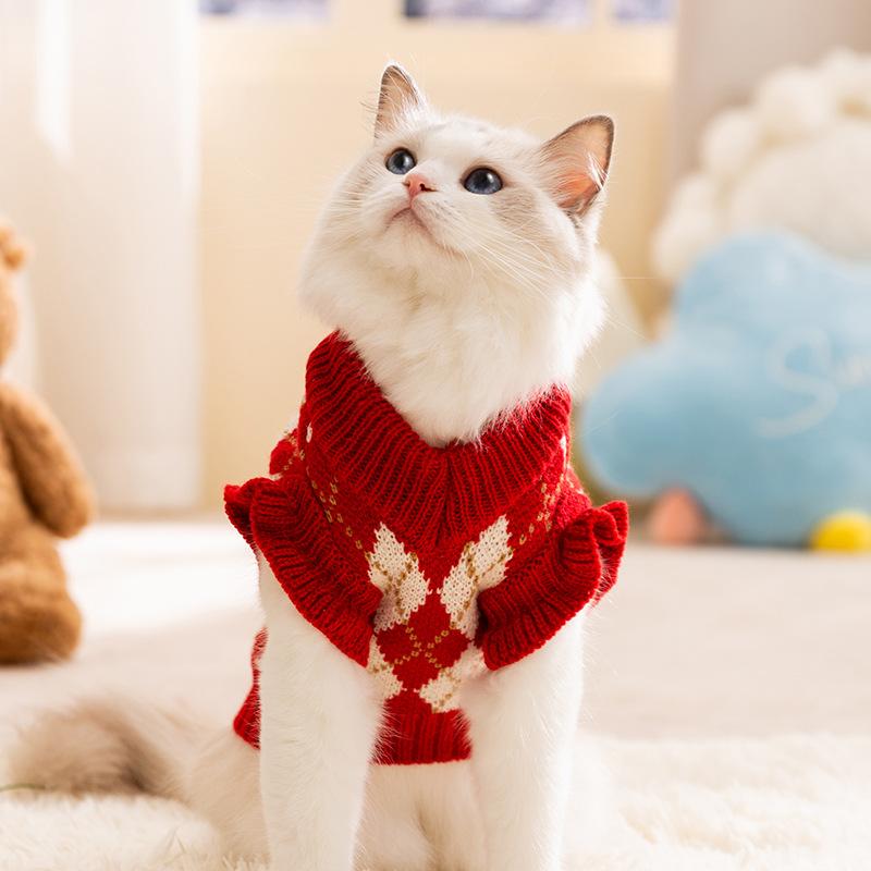 Осенне-зимний свитер с коротким рукавом для кошек, утолщенный вязаный свитер для собак с вышивкой в виде ромба и вишни, одежда для домашних животных