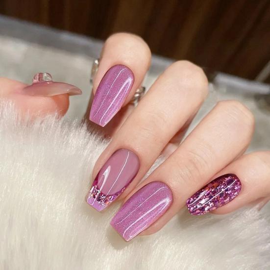 1 Set Women Glitter FALSE Pink-Purple Nails with Glue Wearable Color Gel Fake Nails