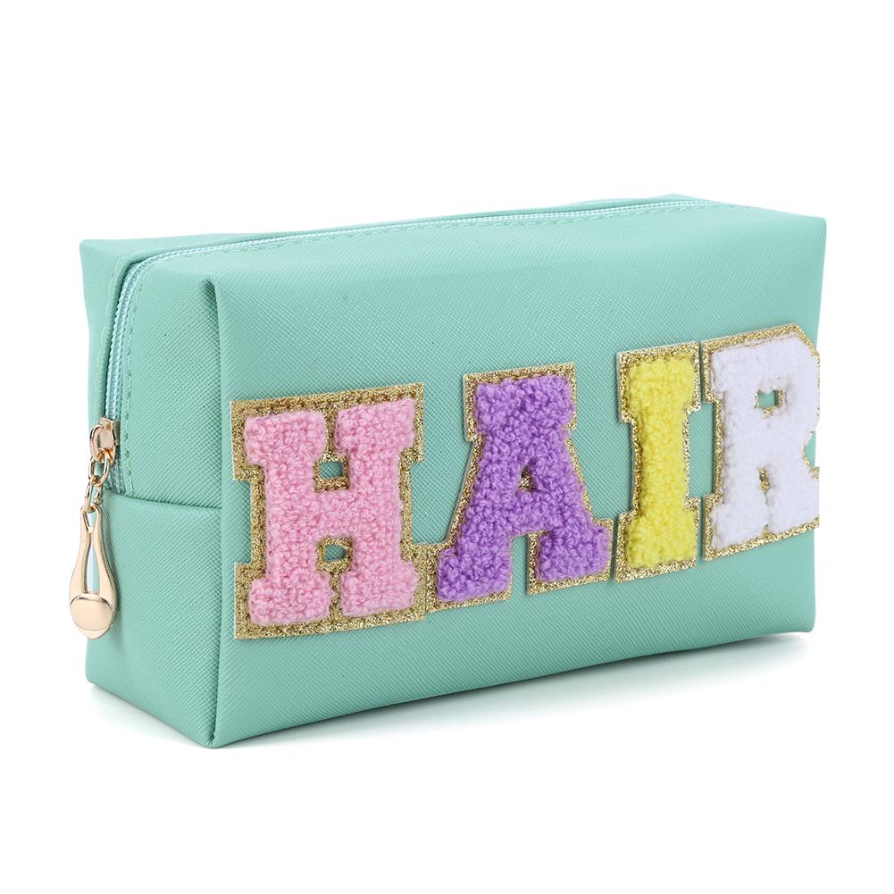 Chenille Letter PU Leather Waterproof Toiletry Bag with Zipper Portable Skin Makeup Pouch Large Capacity Cosmetic Bag for Women