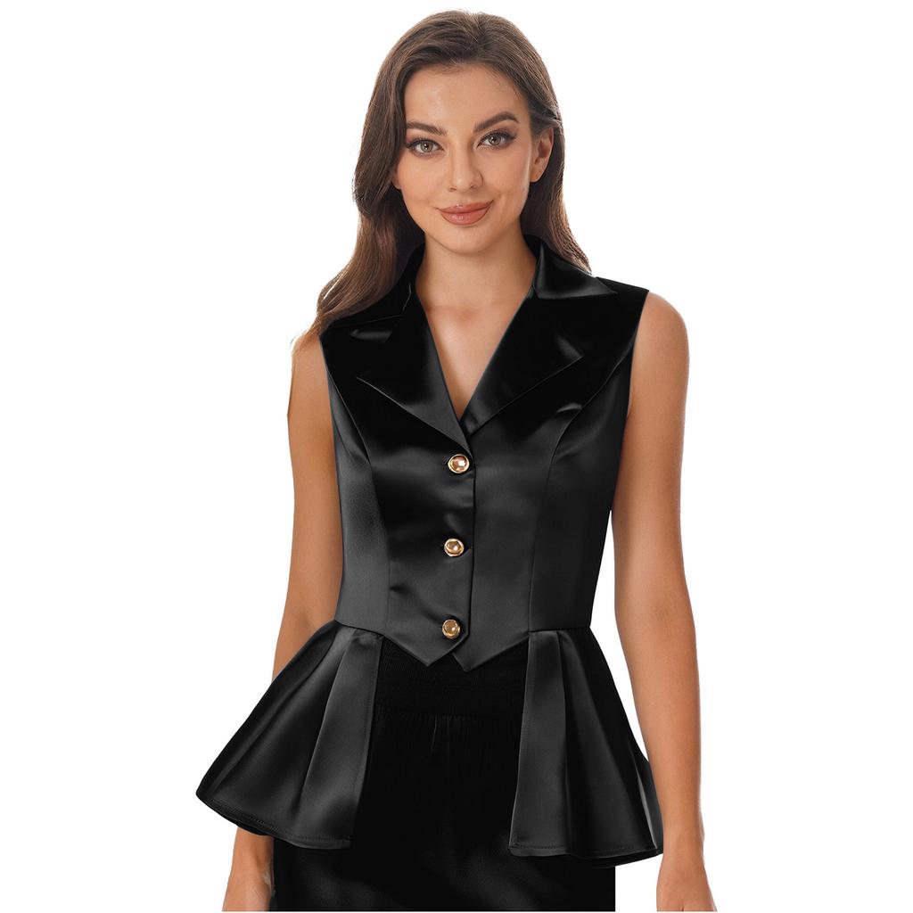 Женский жилет в викторианском стиле с отложным воротником, без рукавов, на пуговицах спереди, с асимметричным низом с оборками, куртка-топ