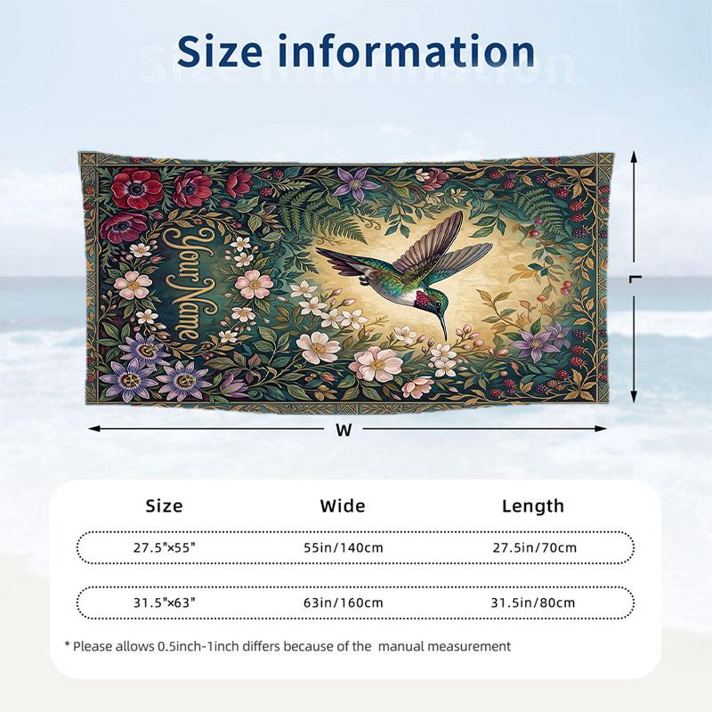 Hummingbird Garden Fantasy 3 Theme Quick Dry Beach Towel Custom Name Text Print Large Sand Resistant Towel Beach Vacation