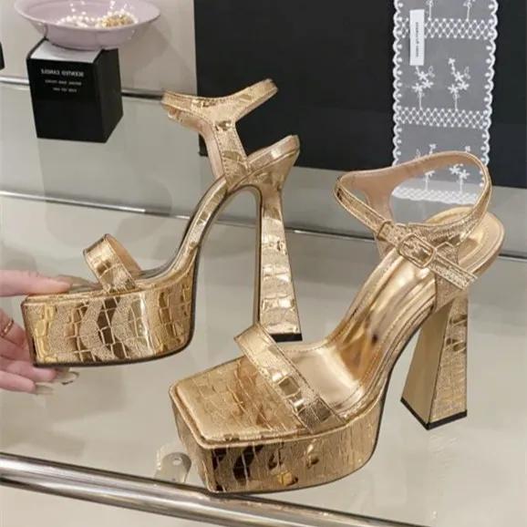Модные женские сандалии с квадратным носком, ремешком на щиколотке, толстой подошвой, открытым носком, на очень высоком каблуке, шлепанцы, праздничная обувь для платья