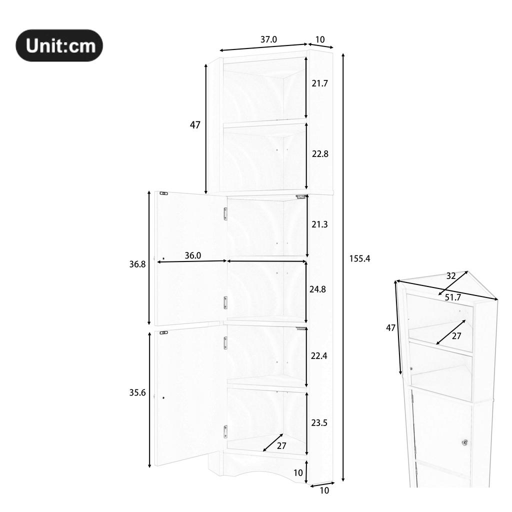 Triangular Bathroom Cabinet, Full Paint Finish, Two Open Shelf Compartments, Two Cabinet Doors, Adjustable Partitions, Simple Shape, White