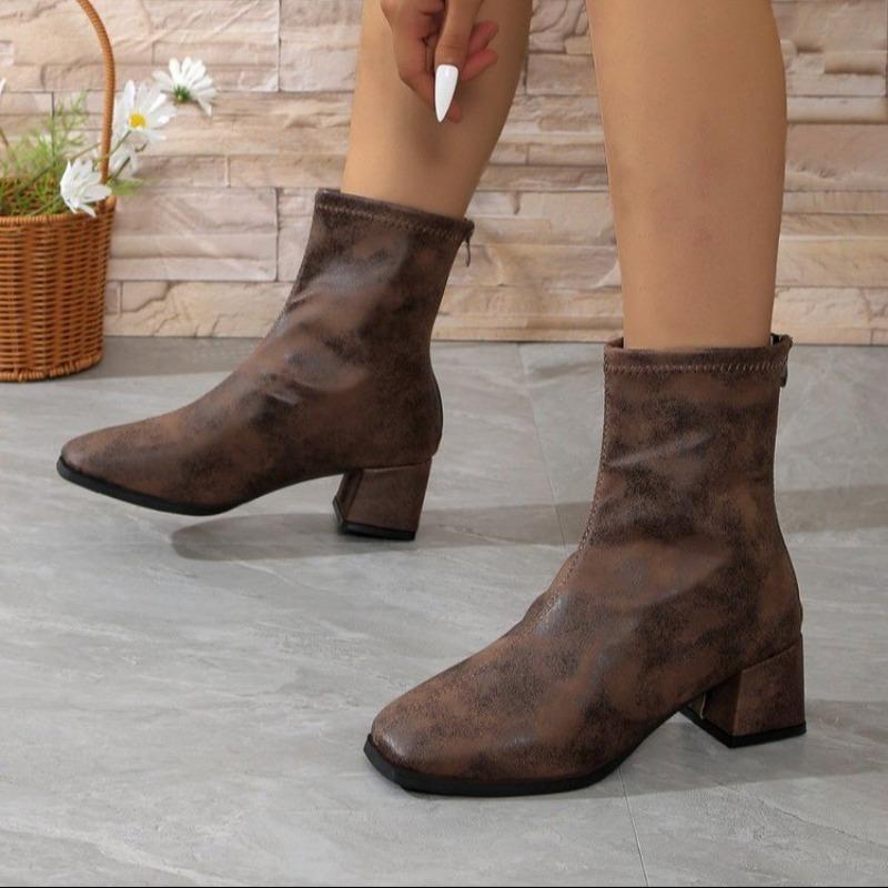 Ladies Shoes 2024 Plus Size Ankle Women's Boots Elegant Modern Boots Women Sewing Square Toe Back Zip Med Heel Shoes Women