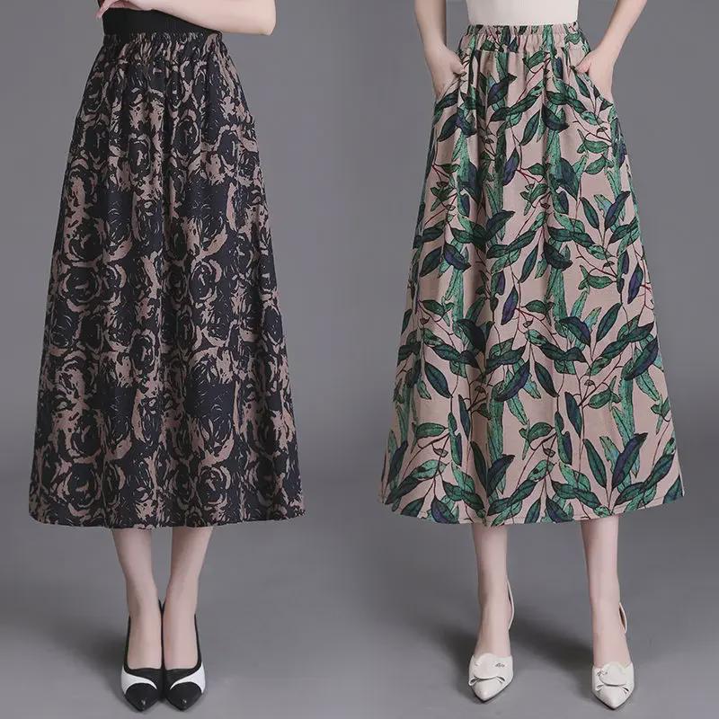 Женская богемная миди-юбка А-силуэта с цветочным принтом из хлопка и льна