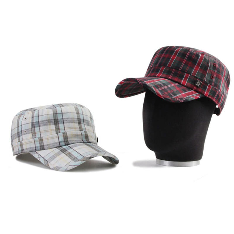 Oversized linen square check military cap