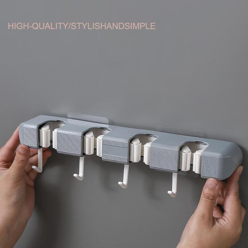 Wall Mounted Mop Holder Multi-Functional Broom Hanger Shelf Home Kitchen Storage Bathroom Suction Hanging Pipe Traceless Hooks