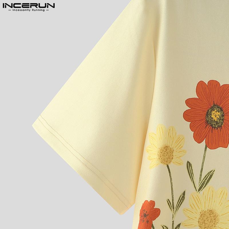 INCERUN Мужские рубашки оверсайз в стиле кэжуал с лацканами, короткими рукавами, принтом и пуговицами