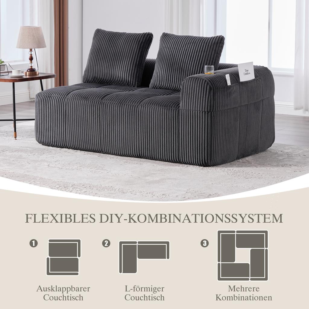 Cozy Corduroy Two-Seater Sofa – No Assembly, Soft Back Cushions, Side Storage Pocket for Remote Control and Phone, Cup Holder – Neat and Aesthetic.