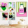 Abtract Retro Black Cartoon Cat Wall Art Poster Print Cute Kids Room Home Decor Tower Vase Canvas Painting Pink Flowers Coffee