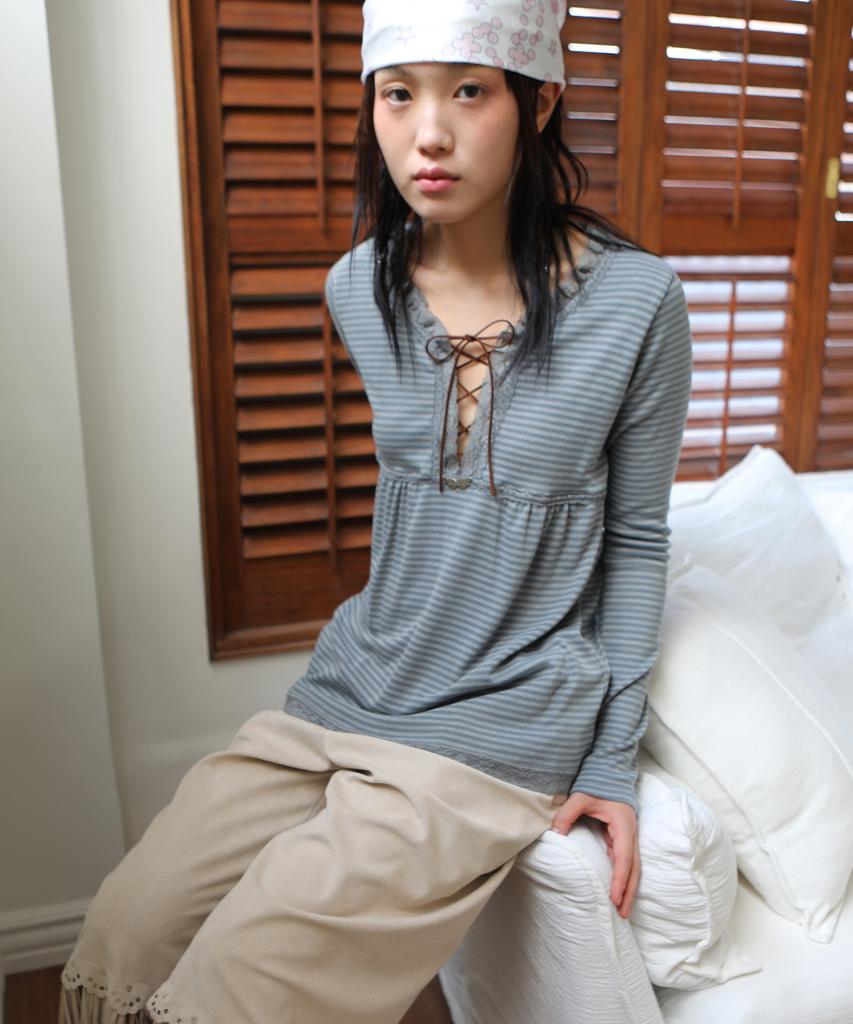 NOFFICIALNOFFICE Lace Trim Lace-Up Top Blue Grey