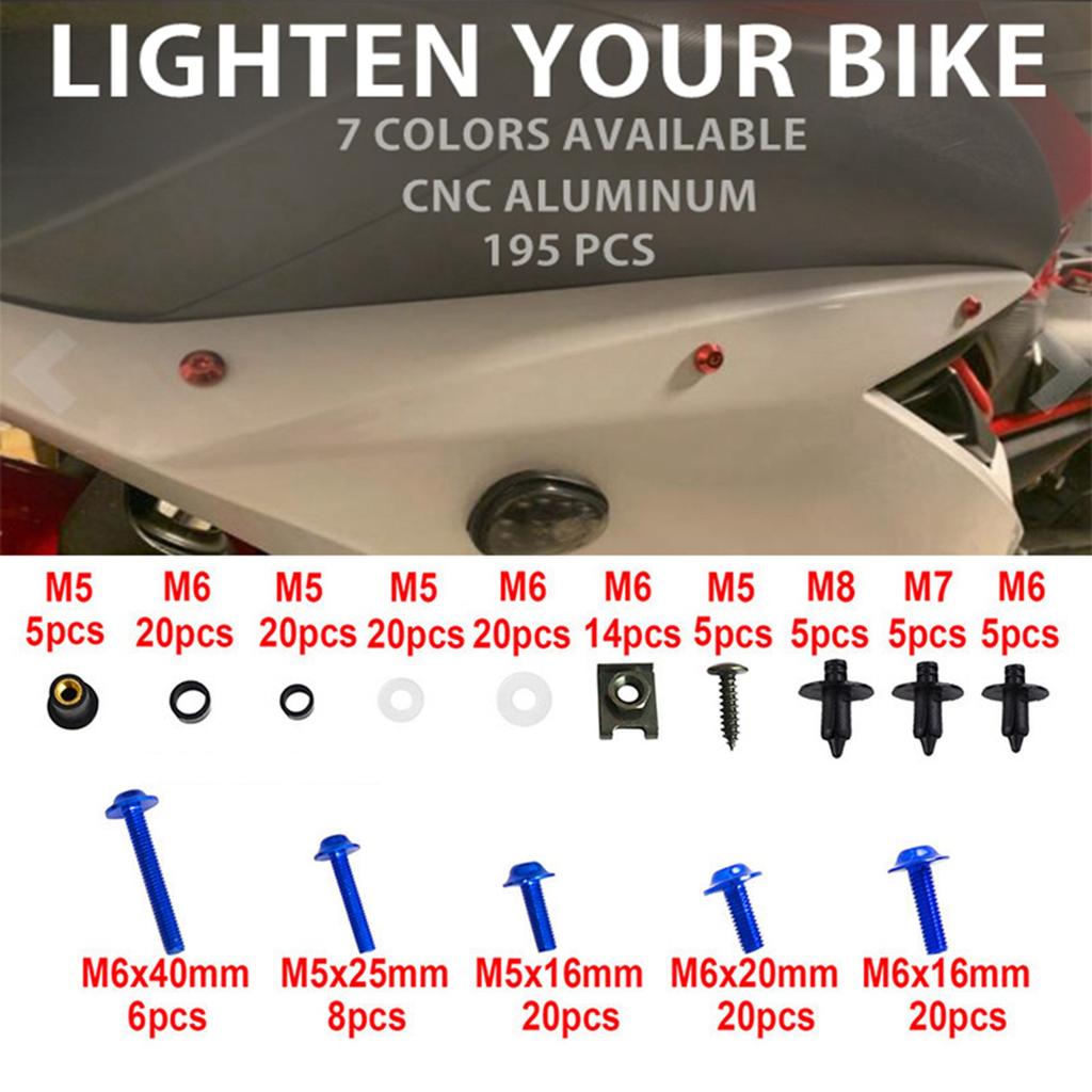 195PCS Motorcycle Fairing Bolt Screw Nut Kit Bodywork Screws Motorcycle Universal Kit Blue