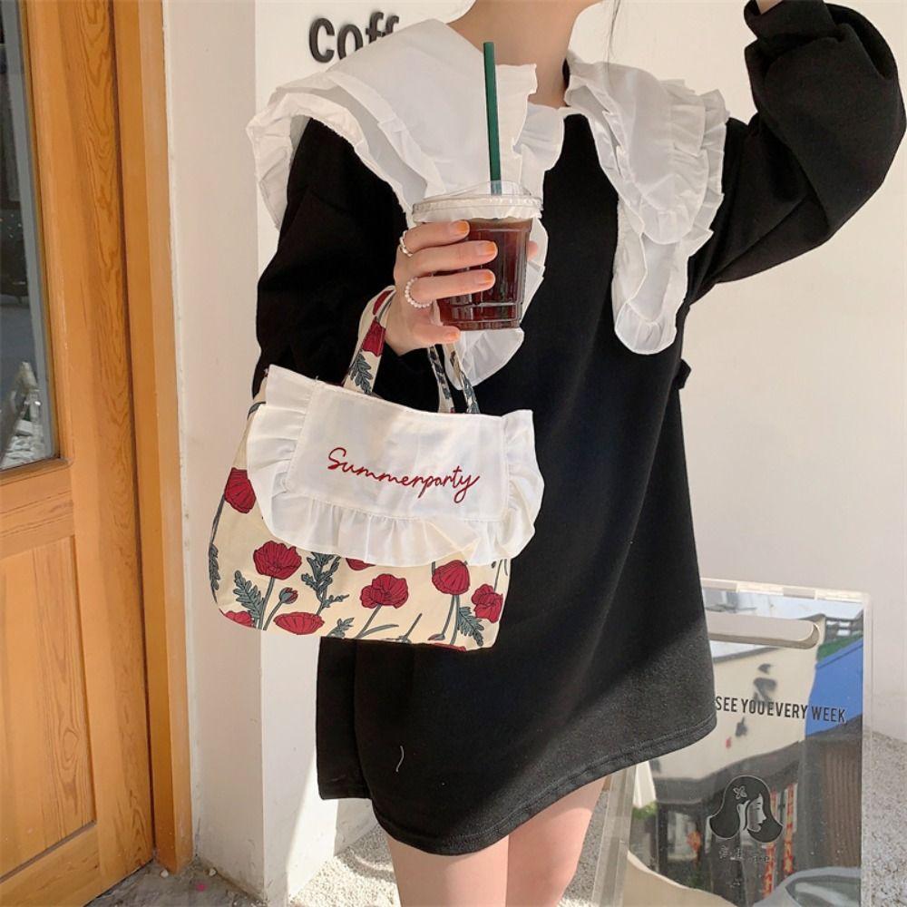 Printed Floral Embroidery Canvas Bag Lace Flower Print Cloth Bag Bucket Bag Countryside Style Canvas Shoulder Bag