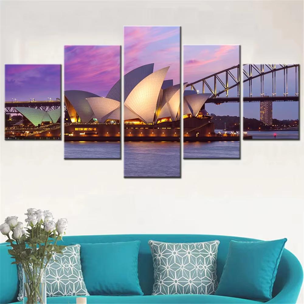 5pcs Sydney Opera House Wall Art Canvas Print Modular Canvas Painting Bedroom Decor Poster Aesthetic Room Decor No Frame