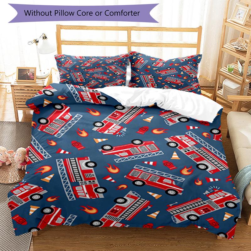 3pcs fire truck Bedding Set Duvet Cover Closure Includes 1 Duvet Cover & 2 Pillowcases, Soft and Comfortable for All Seasons.