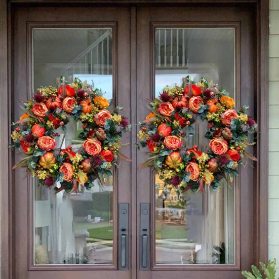 Осенний венок из пионов и тыкв, искусственная гирлянда из веток, винтажная цветочная гирлянда, сезонное украшение на дверь для Дня благодарения, декор урожая