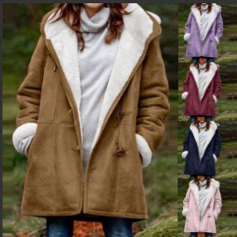 2025 Winter Simple Original Style Coat Solid Color Casual Button Cardigan Warm Medium Long Hooded Women's Coat