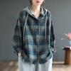 Autumn Single-breasted Plaid Long-sleeved Literary Loose Casual Hooded Shirt Top Women